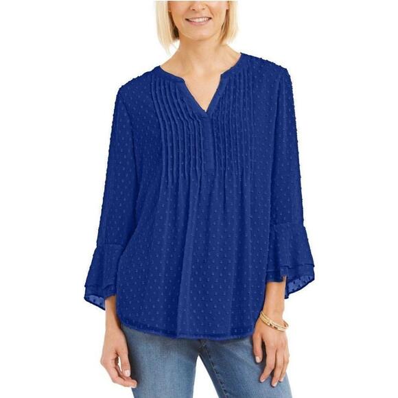 Charter Club Petite Double-Ruffle Textured Pintuck Top Modern Blue PP - Picture 1 of 4